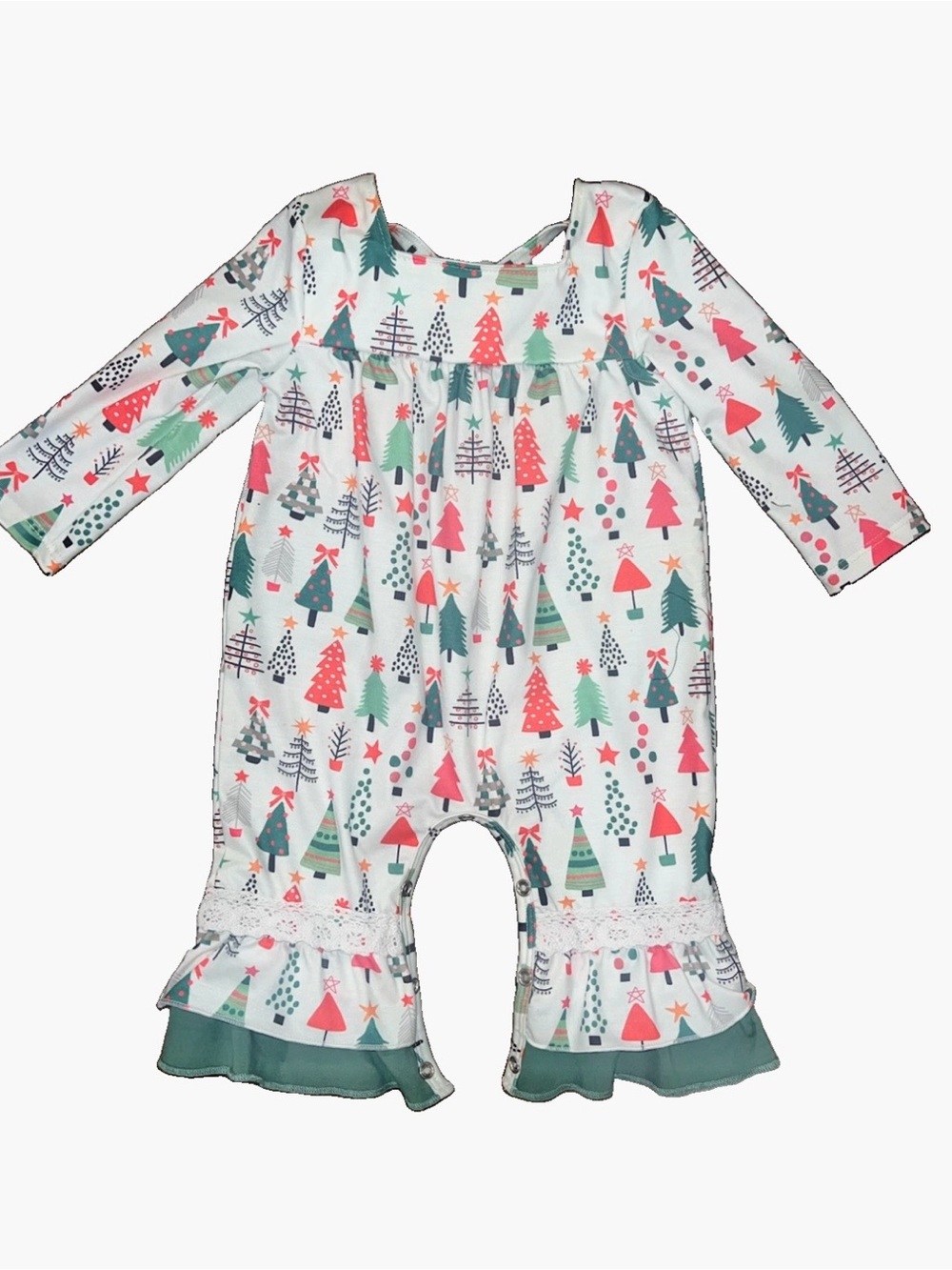 Abby & Evie Holiday Christmas Tree Ruffle Romper 6m